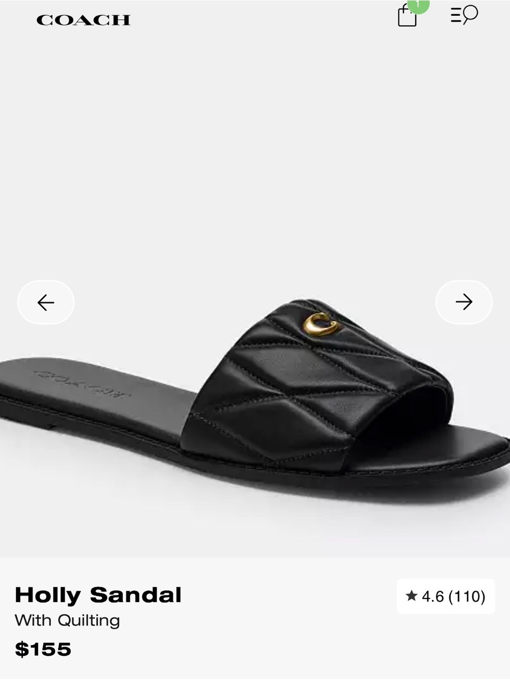 Coach Holly Quilted Slide Sandal in Black with Gold Accent